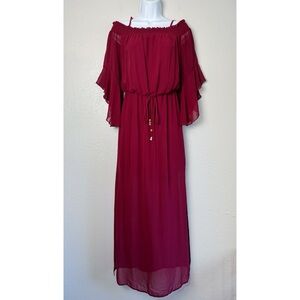 City Triangles burgundy cinched waist cold shoulder flare sleeve maxi dress XS